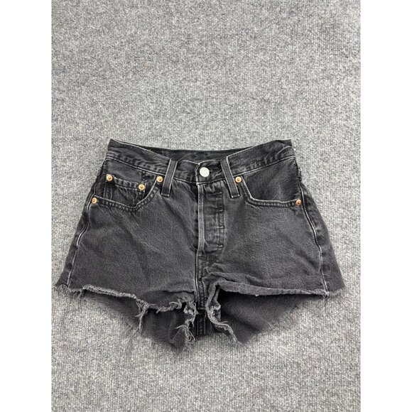 Levi's 501 Shorts Womens 24 Black Denim High Rise Button Fly Raw Hem Distressed - Picture 1 of 8
